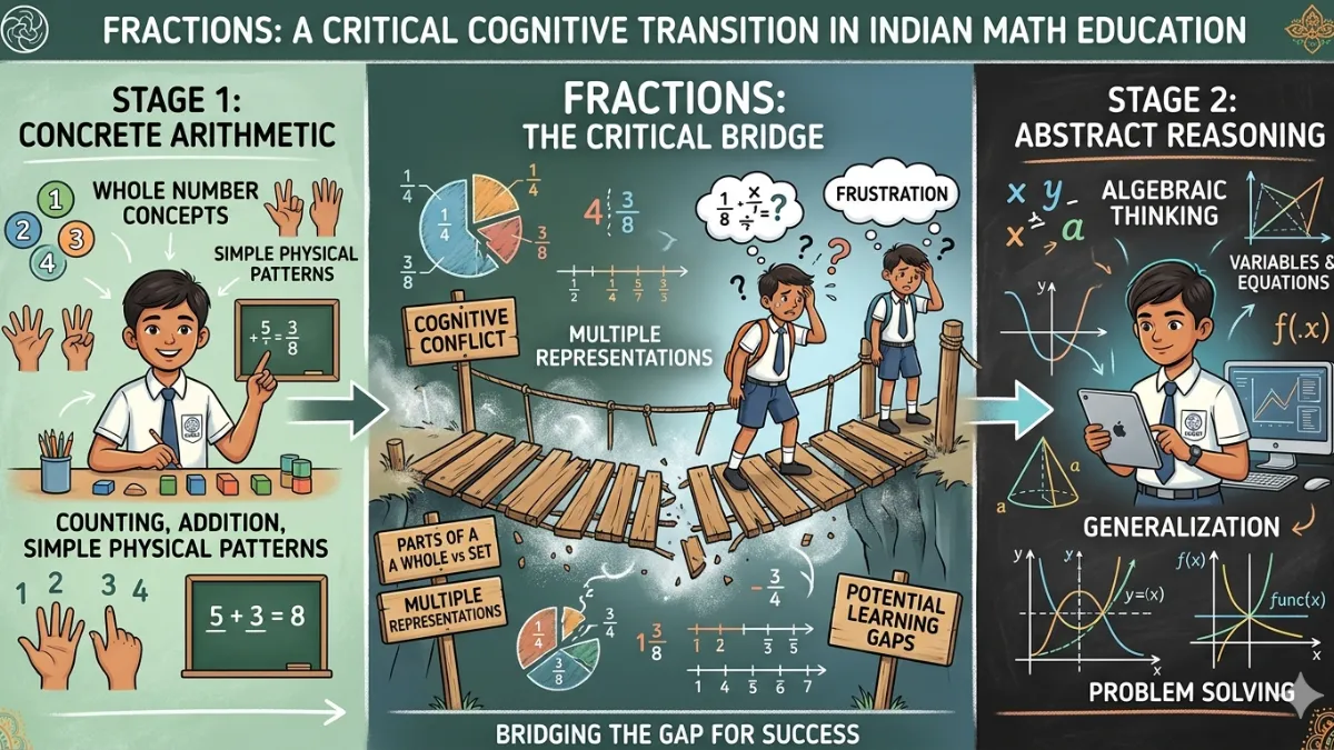 Educational infographic showing fractions as a bridge between concrete arithmetic and abstract reasoning, with a weak or broken bridge causing learning gaps in Indian mathematics education
